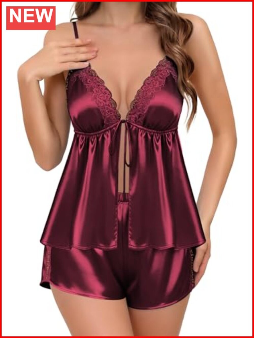Satin Cami & Shorts Pajama Set with Lace & Adjustable Straps Sleepwear